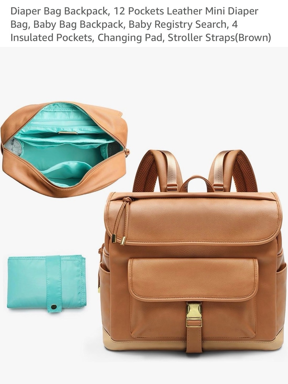 Modern Leather Diaper Backpack for Women - Brown with Teal Interior